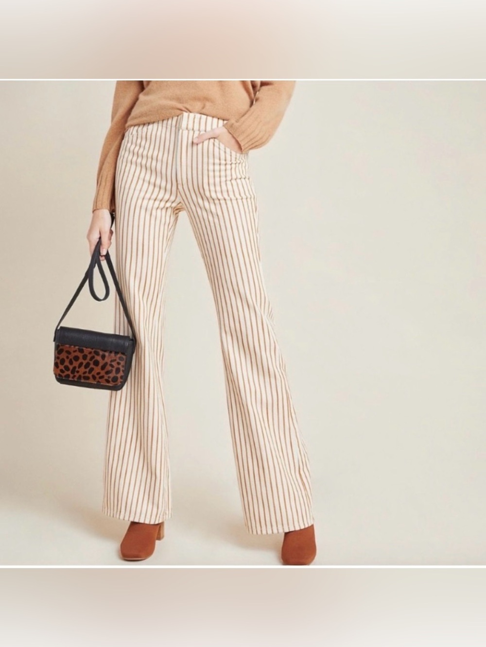 Anthropologie Kellie Striped Flare Pants Women Size 29 Tan Cream High Rise EUC!